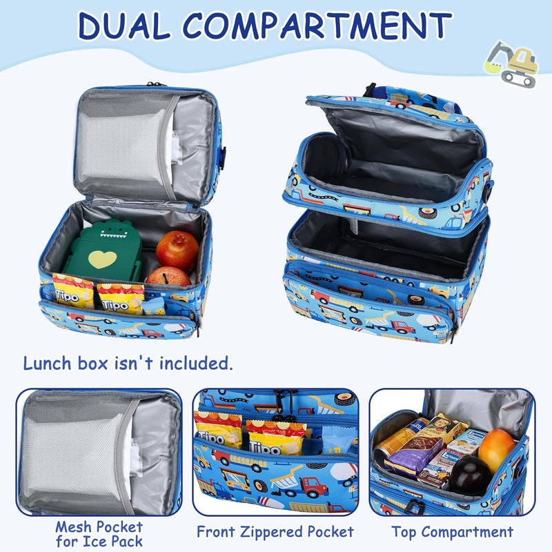 Kasqo Lunch Bag Kids, Dual Compartment Insulated Cooler Bag 7.5L Girls Boys Toddler Lunch Box Containers for Daycare School Kindergarten Travel Blue Car - Image 3